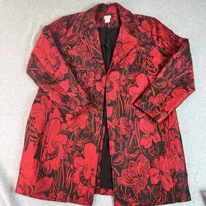 Chico's Red Floral Tapestry Jacquard Midi Jacket Women's Size 3 XL Black Pockets